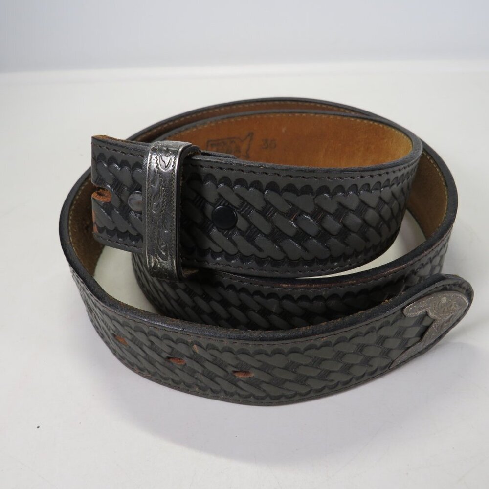 VTG Wrangler Gray Leather Belt with woven detail &metal tips tooled size 36